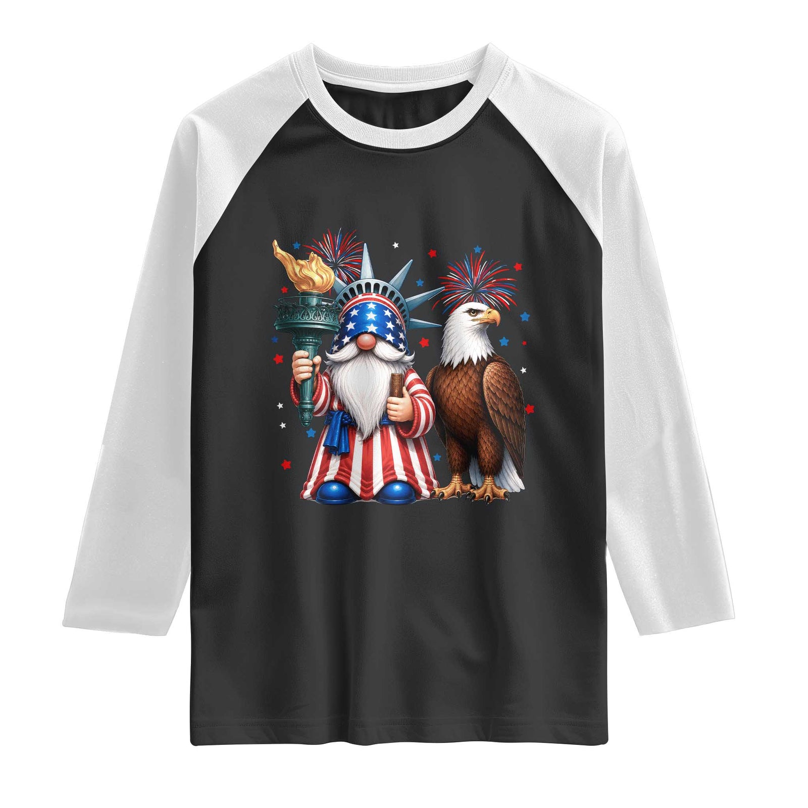 Funny Statue Of Liberty Gnome Raglan Shirt Patriotic 4th Of July TS12 Black White Print Your Wear
