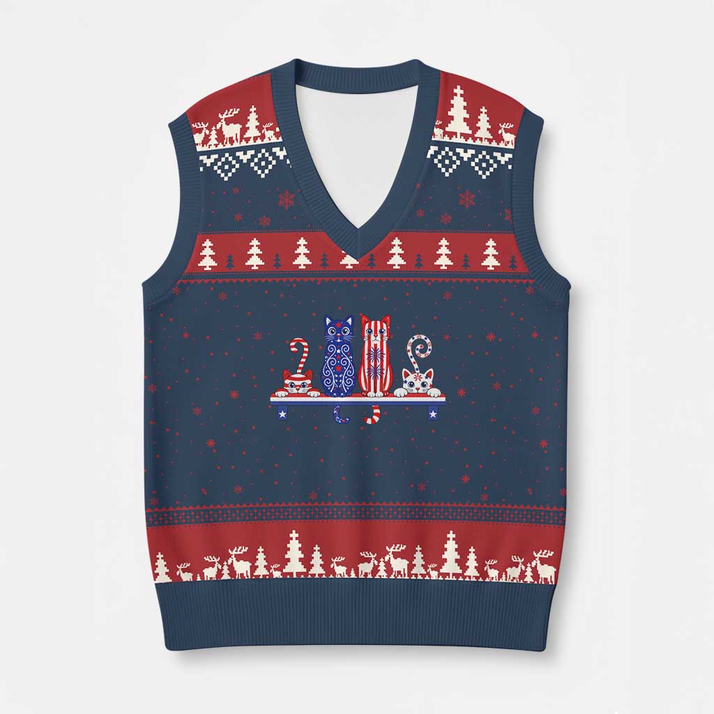 Red White And Blue Cute Cats V-Neck Knit Sweater Vest Patriotic Pet Lover TS12 Navy Red Print Your Wear