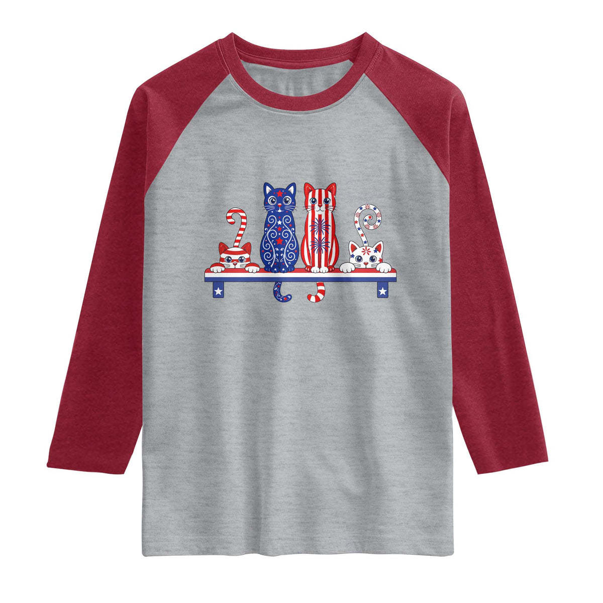 Red White And Blue Cute Cats Raglan Shirt Patriotic Pet Lover