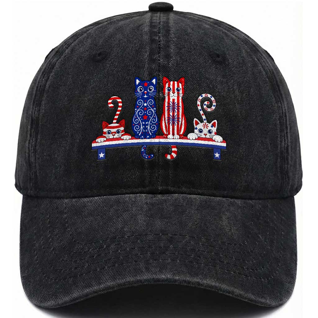 Red White And Blue Cute Cats Washed Cotton Baseball Cap Patriotic Pet Lover TS12 Print Your Wear