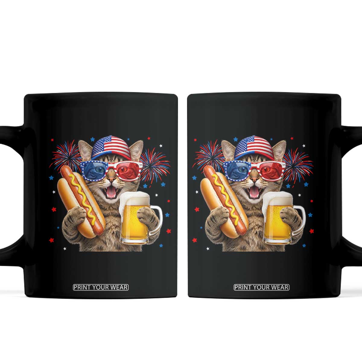 Beer And Hotdog Cat Coffee Mug Fourth Of July Celebration
