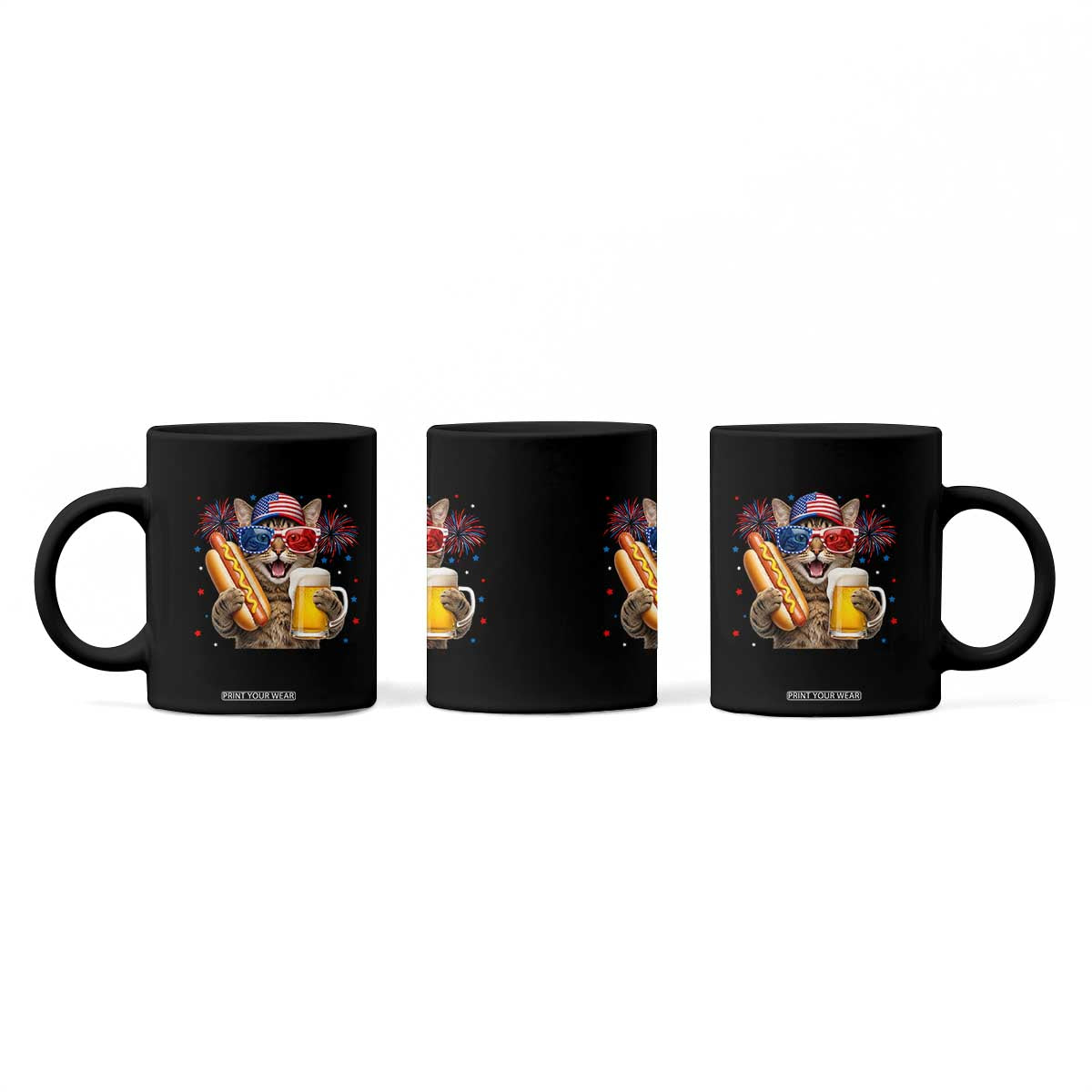 Beer And Hotdog Cat Coffee Mug Fourth Of July Celebration