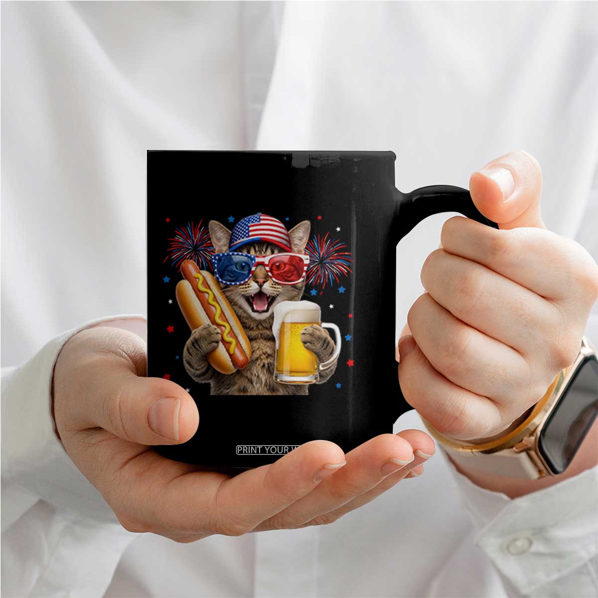 Beer And Hotdog Cat Coffee Mug Fourth Of July Celebration