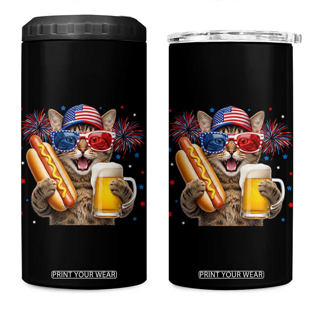 Beer And Hotdog Cat 4 in 1 Can Cooler Tumbler Fourth Of July Celebration