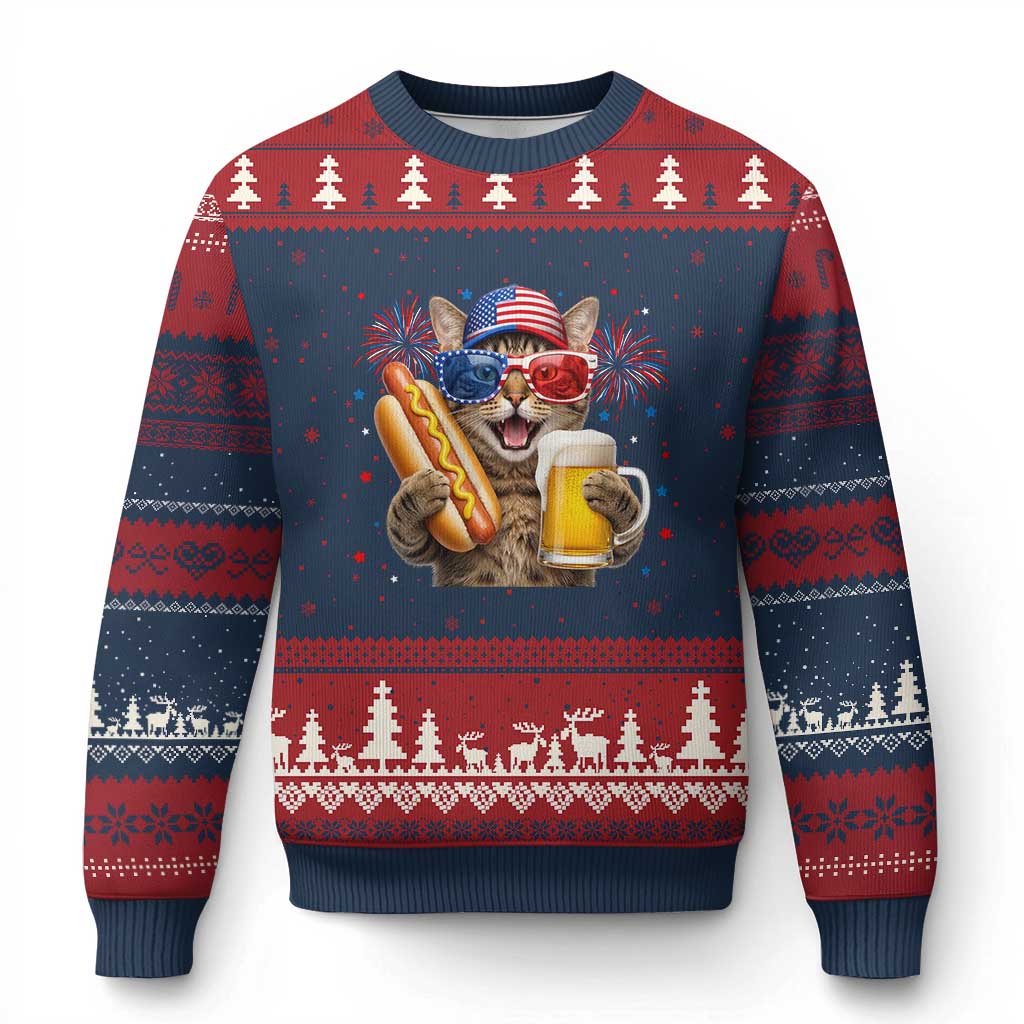 Beer And Hotdog Cat Ugly Christmas Sweater Fourth Of July Celebration
