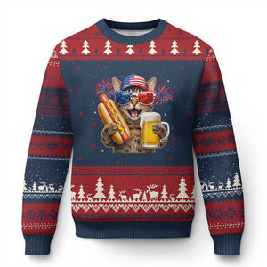 Beer And Hotdog Cat Ugly Christmas Sweater Fourth Of July Celebration