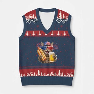 Beer And Hotdog Cat V-Neck Knit Sweater Vest Fourth Of July Celebration