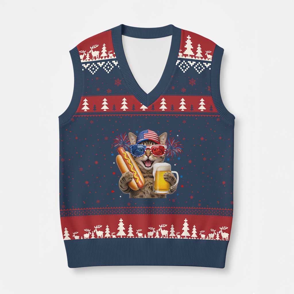 Beer And Hotdog Cat V-Neck Knit Sweater Vest Fourth Of July Celebration TS12 Navy Red Print Your Wear