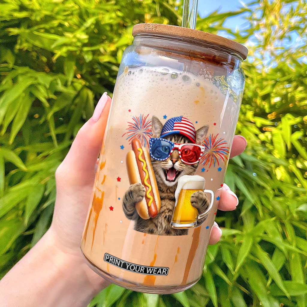 Beer And Hotdog Cat Glass Can Fourth Of July Celebration