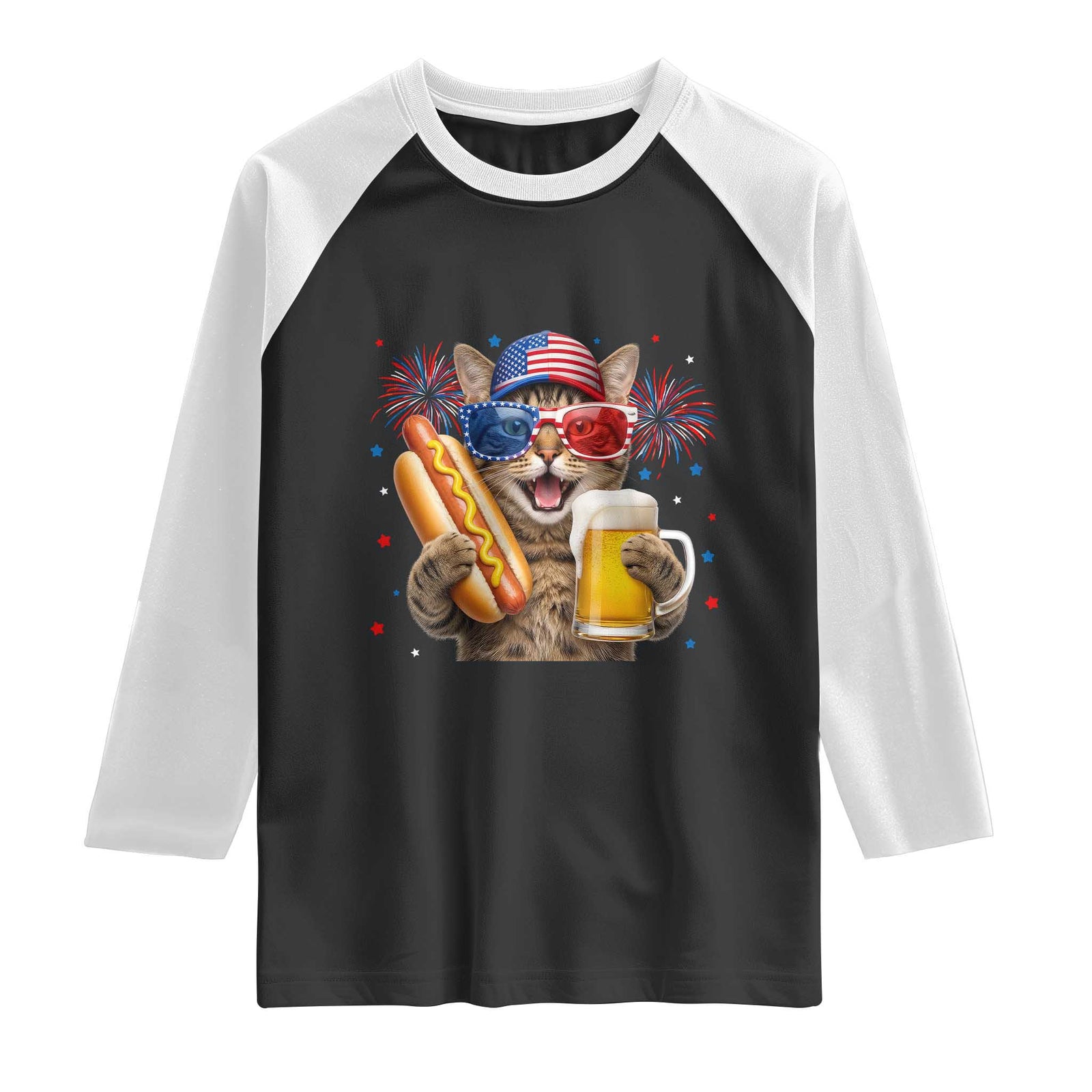 Beer And Hotdog Cat Raglan Shirt Fourth Of July Celebration TS12 Black White Print Your Wear