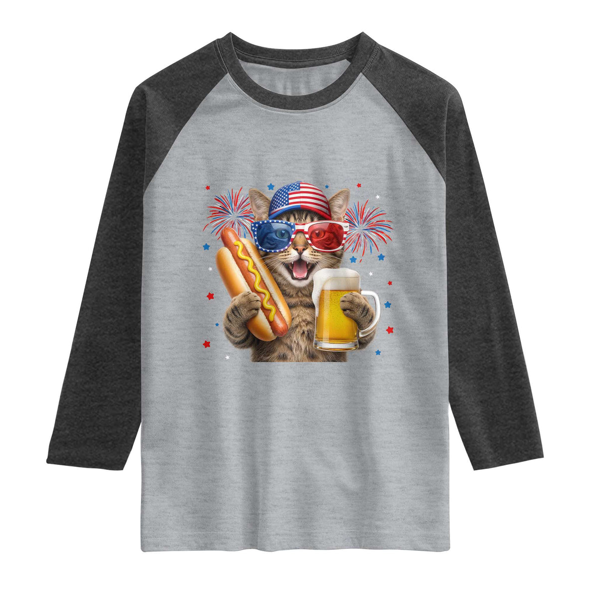 Beer And Hotdog Cat Raglan Shirt Fourth Of July Celebration