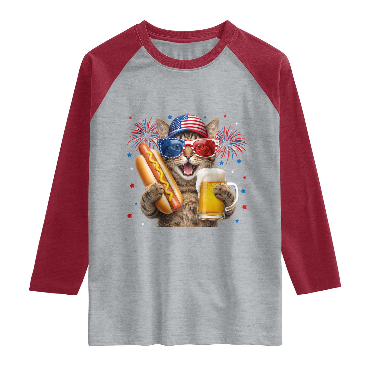 Beer And Hotdog Cat Raglan Shirt Fourth Of July Celebration