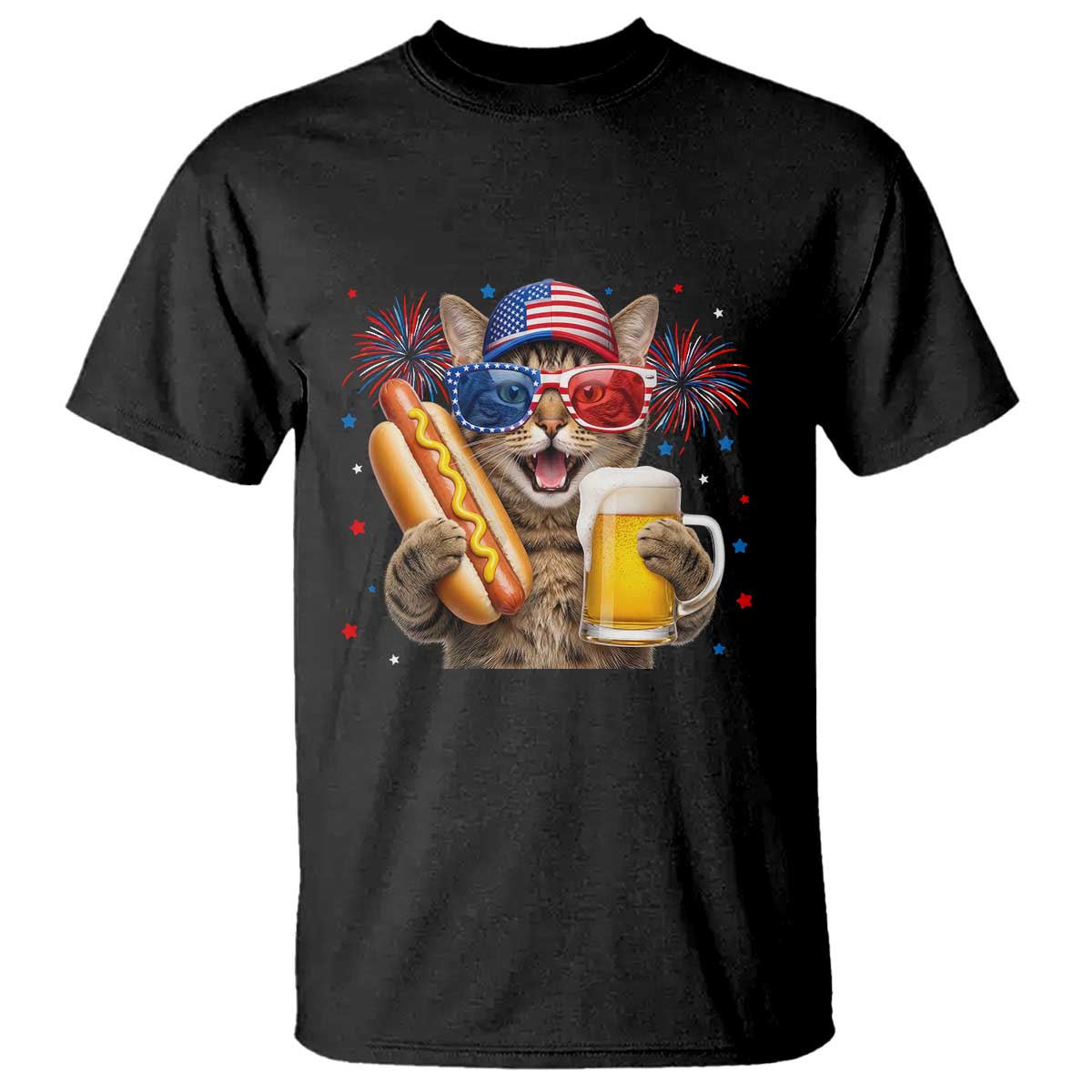 Beer And Hotdog Cat T Shirt Fourth Of July Celebration TS12 Black Print Your Wear