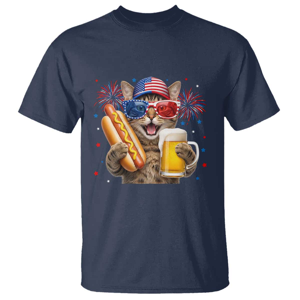 Beer And Hotdog Cat T Shirt Fourth Of July Celebration