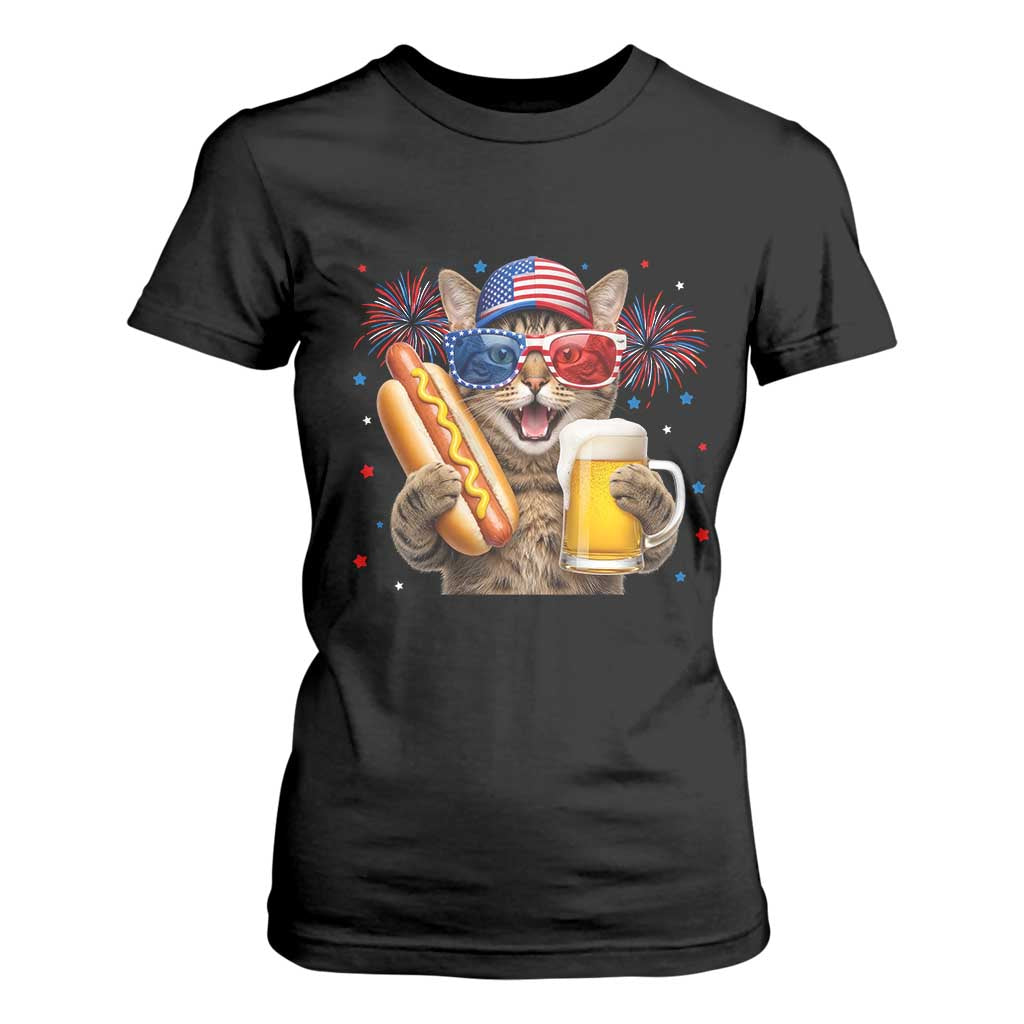 Beer And Hotdog Cat T Shirt For Women Fourth Of July Celebration