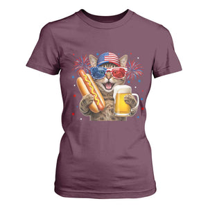 Beer And Hotdog Cat T Shirt For Women Fourth Of July Celebration