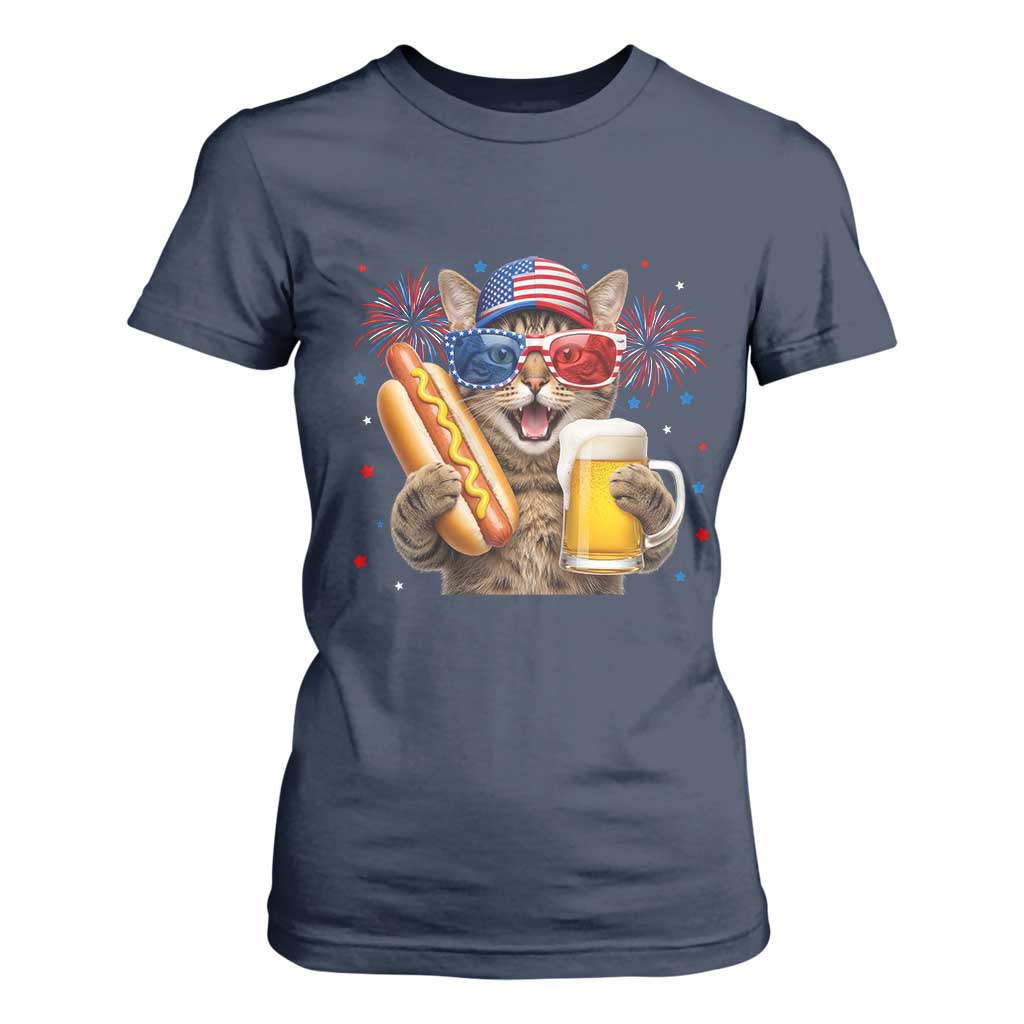 Beer And Hotdog Cat T Shirt For Women Fourth Of July Celebration