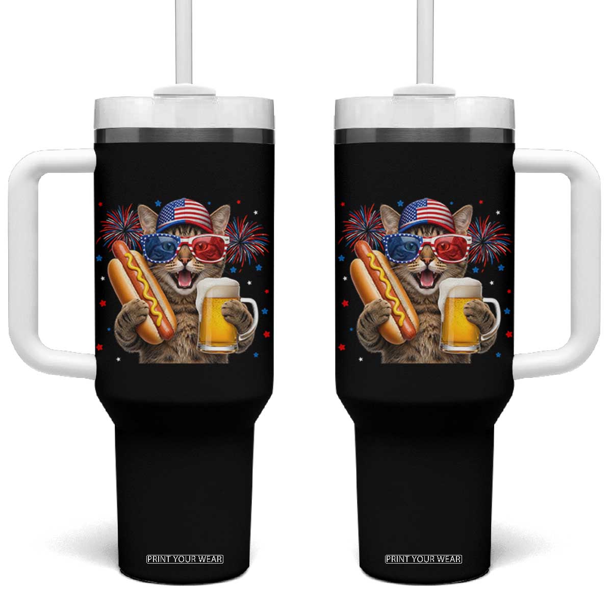 Beer And Hotdog Cat Tumbler With Handle Fourth Of July Celebration