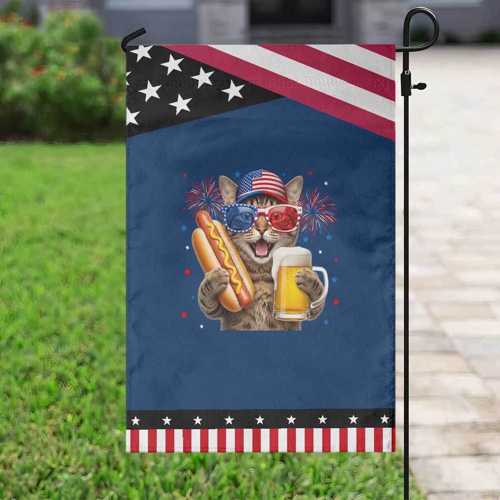 Beer And Hotdog Cat Patriotic Garden Flag Fourth Of July Celebration