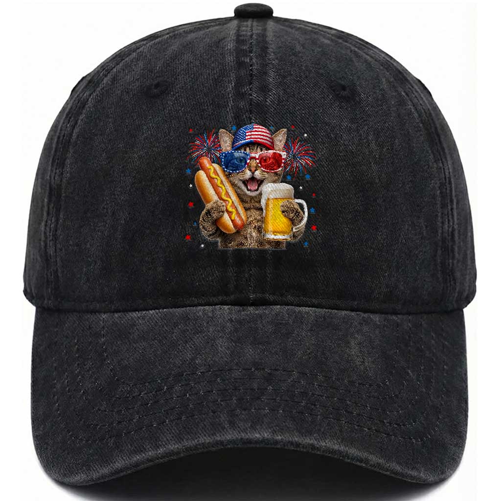 Beer And Hotdog Cat Washed Cotton Baseball Cap Fourth Of July Celebration