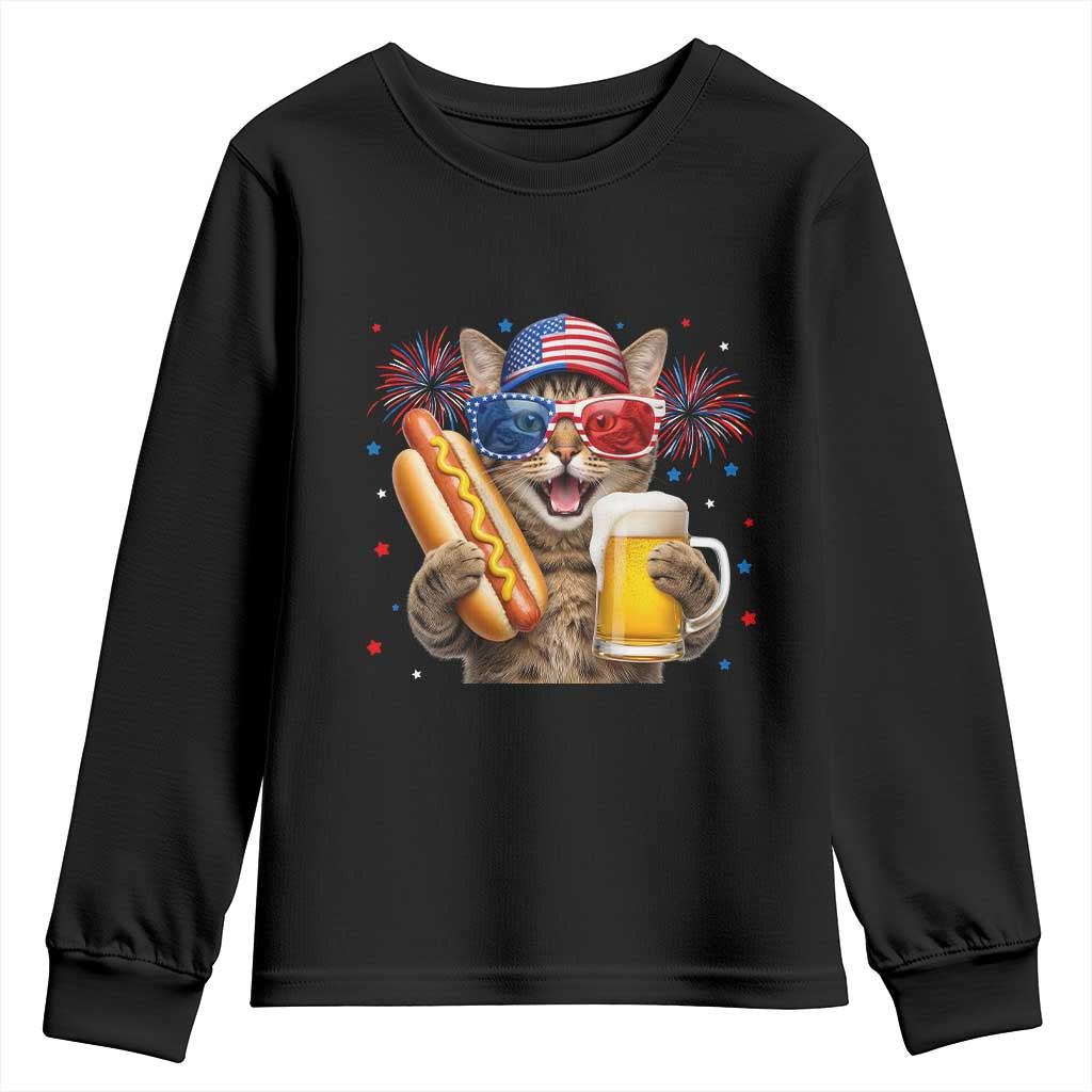 Beer And Hotdog Cat Youth Sweatshirt Fourth Of July Celebration TS12 Black Print Your Wear