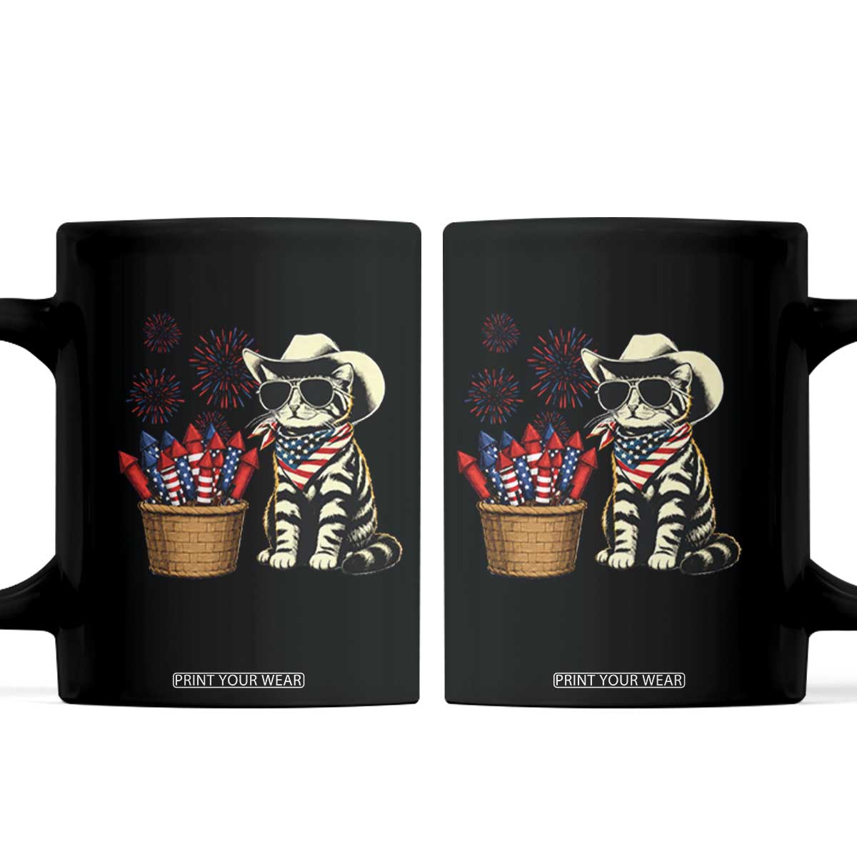 Patriotic Cowboy Cat Coffee Mug 4th Of July Fireworks Celebration