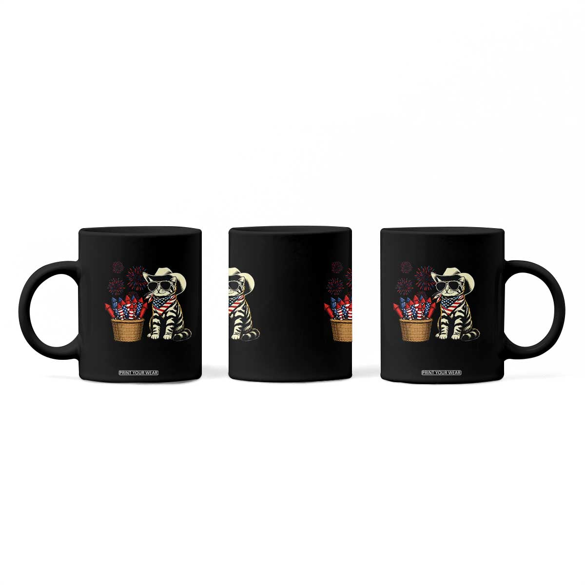 Patriotic Cowboy Cat Coffee Mug 4th Of July Fireworks Celebration