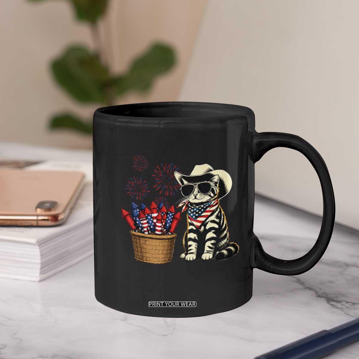 Patriotic Cowboy Cat Coffee Mug 4th Of July Fireworks Celebration