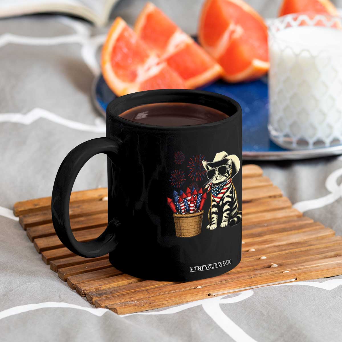 Patriotic Cowboy Cat Coffee Mug 4th Of July Fireworks Celebration