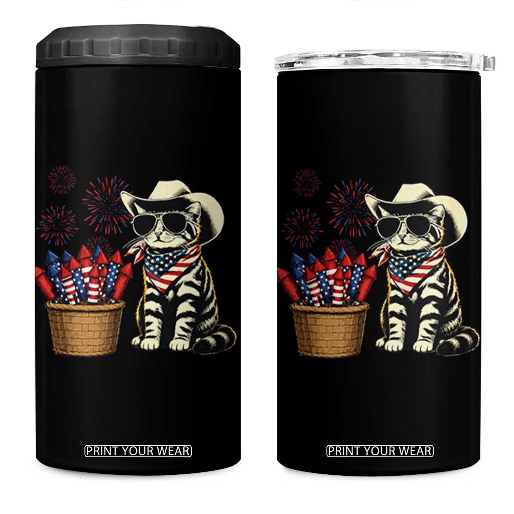 Patriotic Cowboy Cat 4 in 1 Can Cooler Tumbler 4th Of July Fireworks Celebration