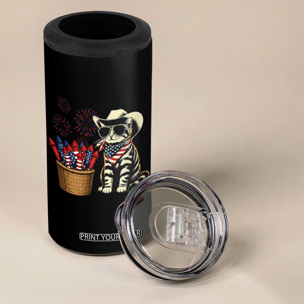 Patriotic Cowboy Cat 4 in 1 Can Cooler Tumbler 4th Of July Fireworks Celebration