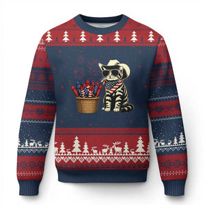 Patriotic Cowboy Cat Ugly Christmas Sweater 4th Of July Fireworks Celebration