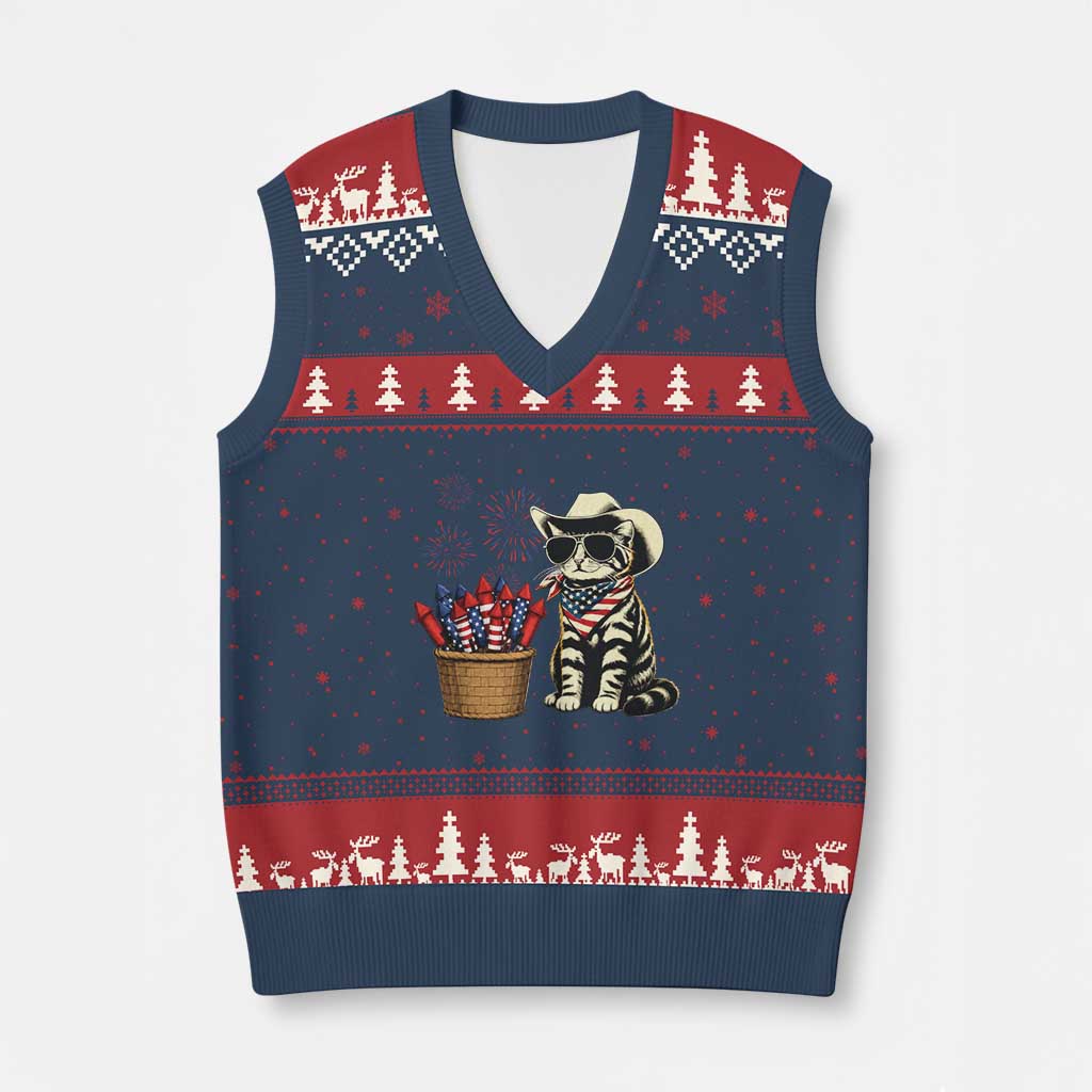 Patriotic Cowboy Cat V-Neck Knit Sweater Vest 4th Of July Fireworks Celebration