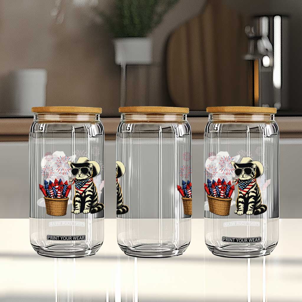 Patriotic Cowboy Cat Glass Can 4th Of July Fireworks Celebration