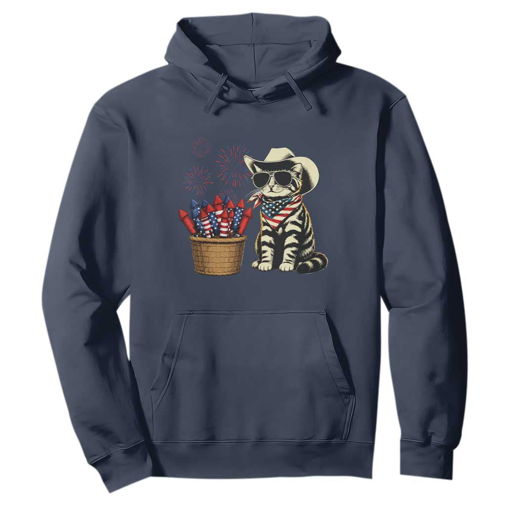 Patriotic Cowboy Cat Hoodie 4th Of July Fireworks Celebration