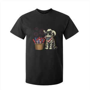 Patriotic Cowboy Cat T Shirt For Kid 4th Of July Fireworks Celebration