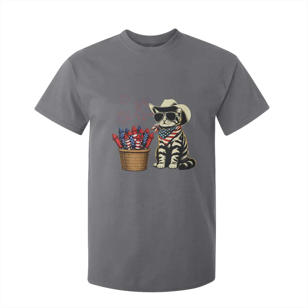 Patriotic Cowboy Cat T Shirt For Kid 4th Of July Fireworks Celebration