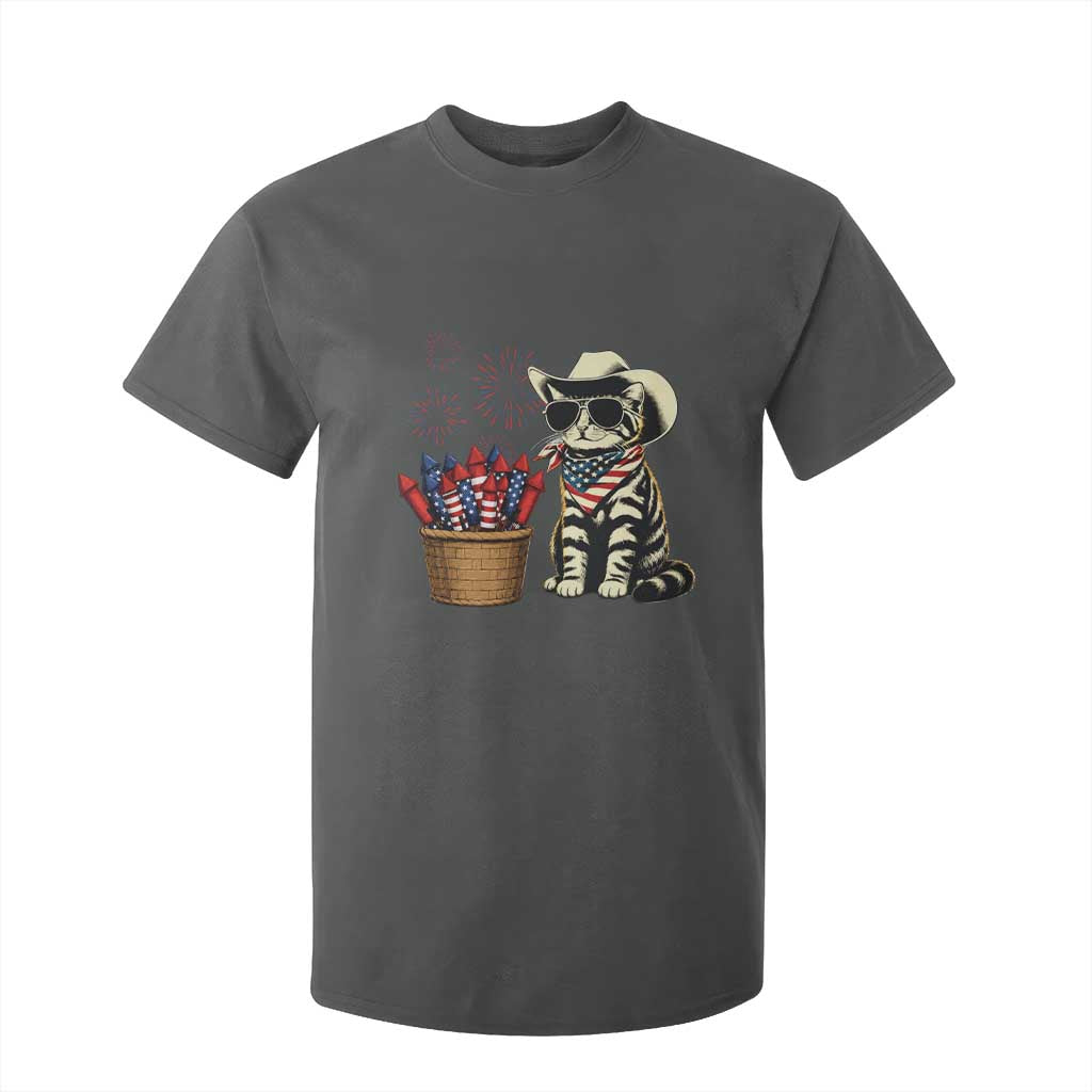 Patriotic Cowboy Cat T Shirt For Kid 4th Of July Fireworks Celebration