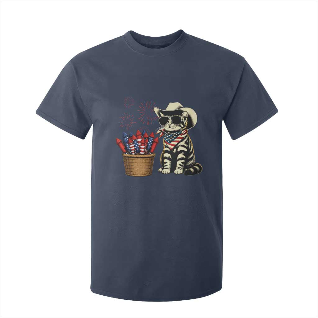 Patriotic Cowboy Cat T Shirt For Kid 4th Of July Fireworks Celebration