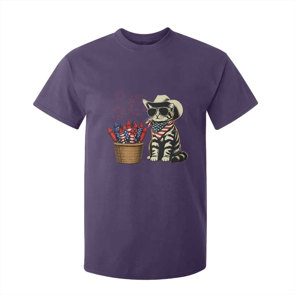 Patriotic Cowboy Cat T Shirt For Kid 4th Of July Fireworks Celebration