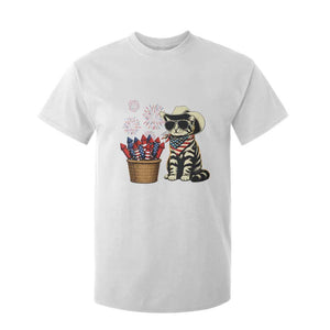 Patriotic Cowboy Cat T Shirt For Kid 4th Of July Fireworks Celebration