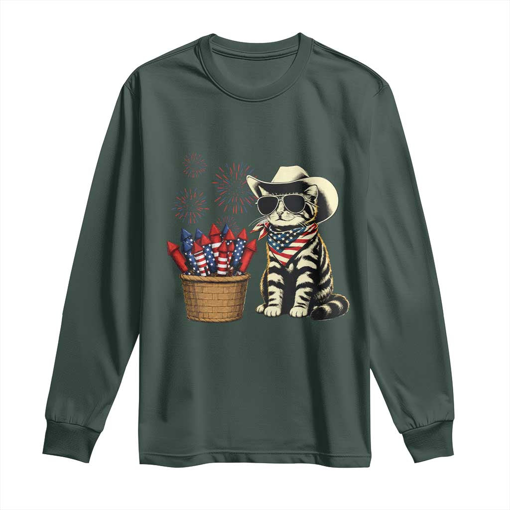 Patriotic Cowboy Cat Long Sleeve Shirt 4th Of July Fireworks Celebration