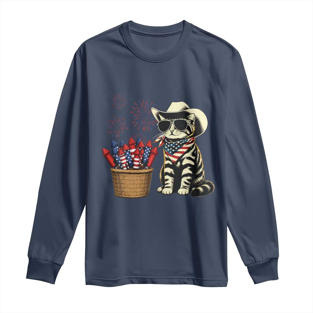 Patriotic Cowboy Cat Long Sleeve Shirt 4th Of July Fireworks Celebration