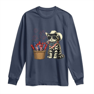 Patriotic Cowboy Cat Long Sleeve Shirt 4th Of July Fireworks Celebration