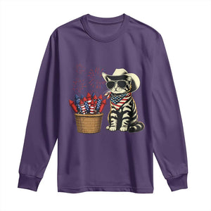 Patriotic Cowboy Cat Long Sleeve Shirt 4th Of July Fireworks Celebration