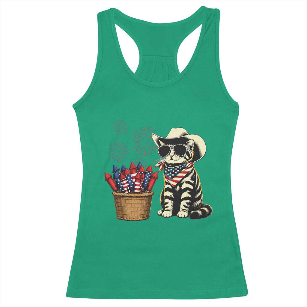 Patriotic Cowboy Cat Racerback Tank Top 4th Of July Fireworks Celebration