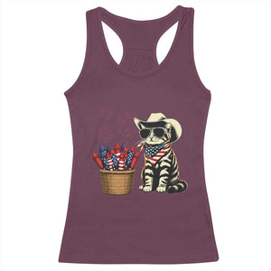 Patriotic Cowboy Cat Racerback Tank Top 4th Of July Fireworks Celebration