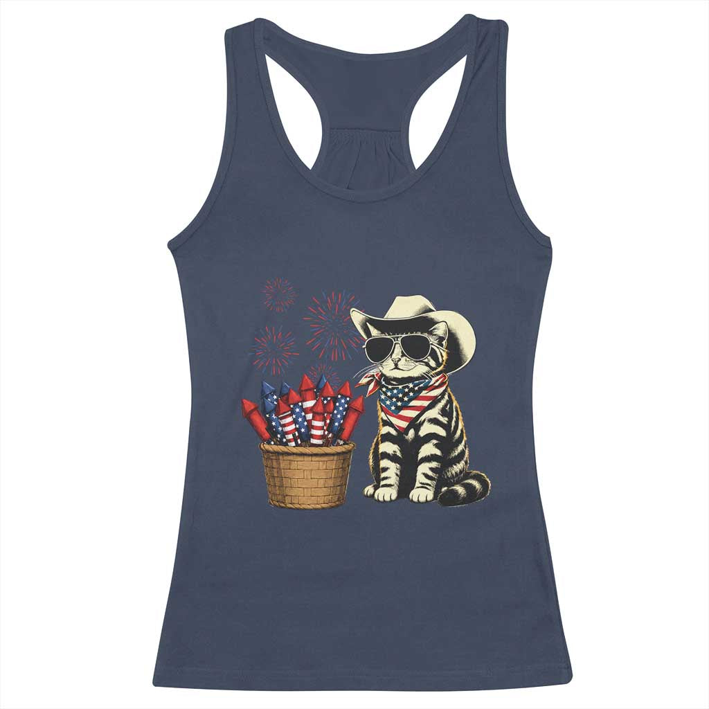 Patriotic Cowboy Cat Racerback Tank Top 4th Of July Fireworks Celebration