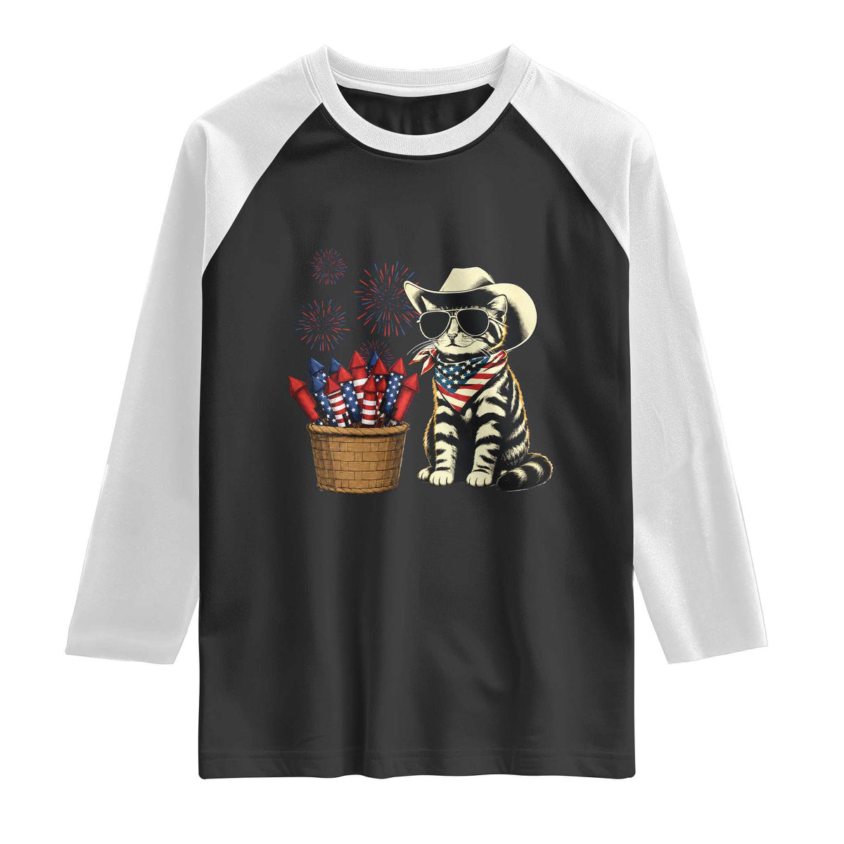 Patriotic Cowboy Cat Raglan Shirt 4th Of July Fireworks Celebration