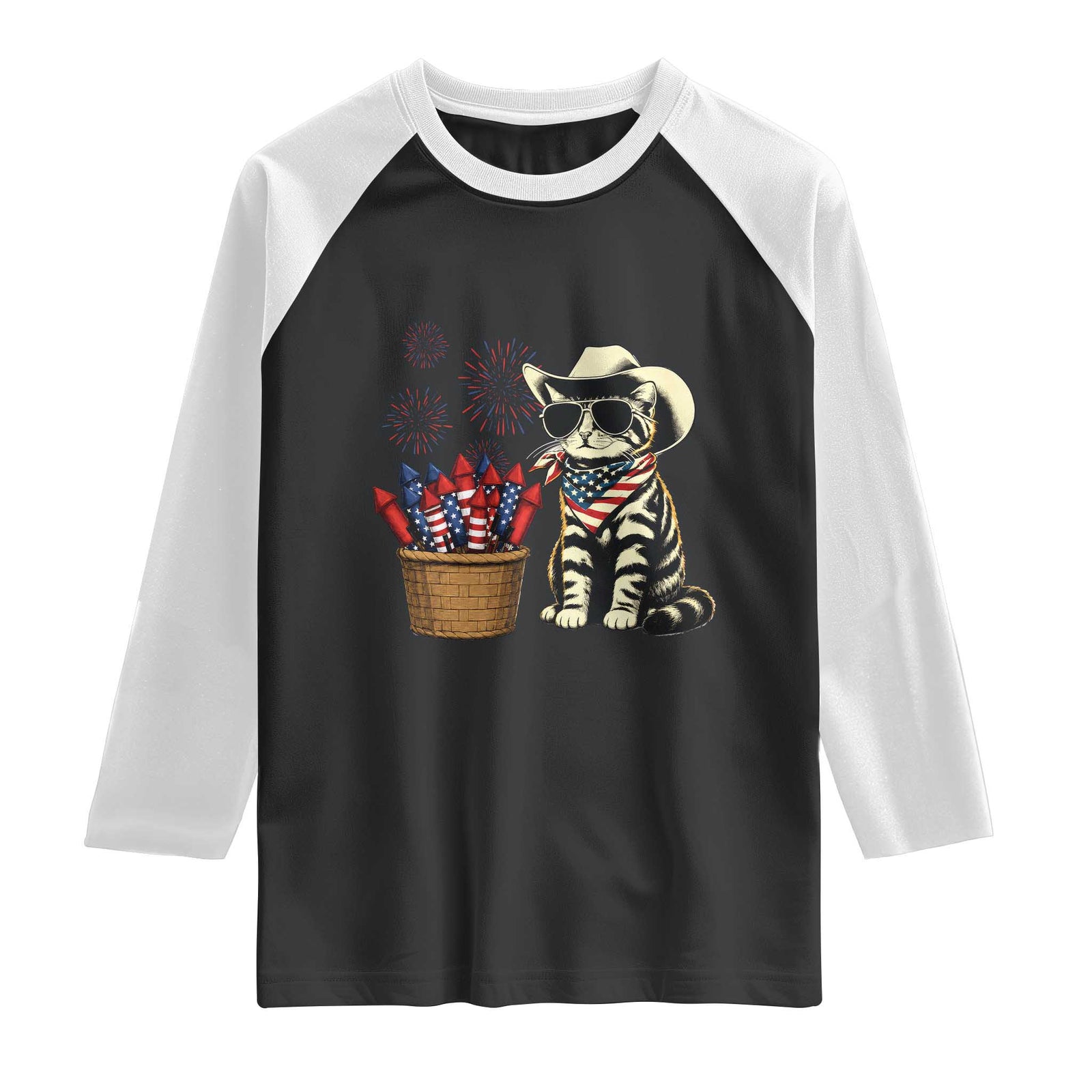 Patriotic Cowboy Cat Raglan Shirt 4th Of July Fireworks Celebration TS12 Black White Print Your Wear